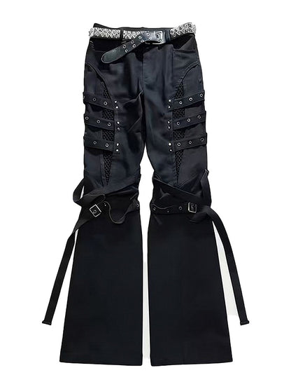 Black Batik Distressed Flared Jeans with Strap Accents - Nova nexus