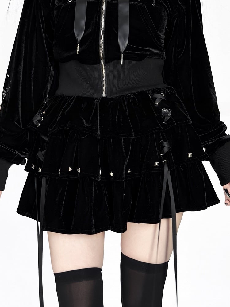 Kei Cross-Decorated Velvet Studs Dark Lace-Up Black Jirai Multi-Layer with Skirt