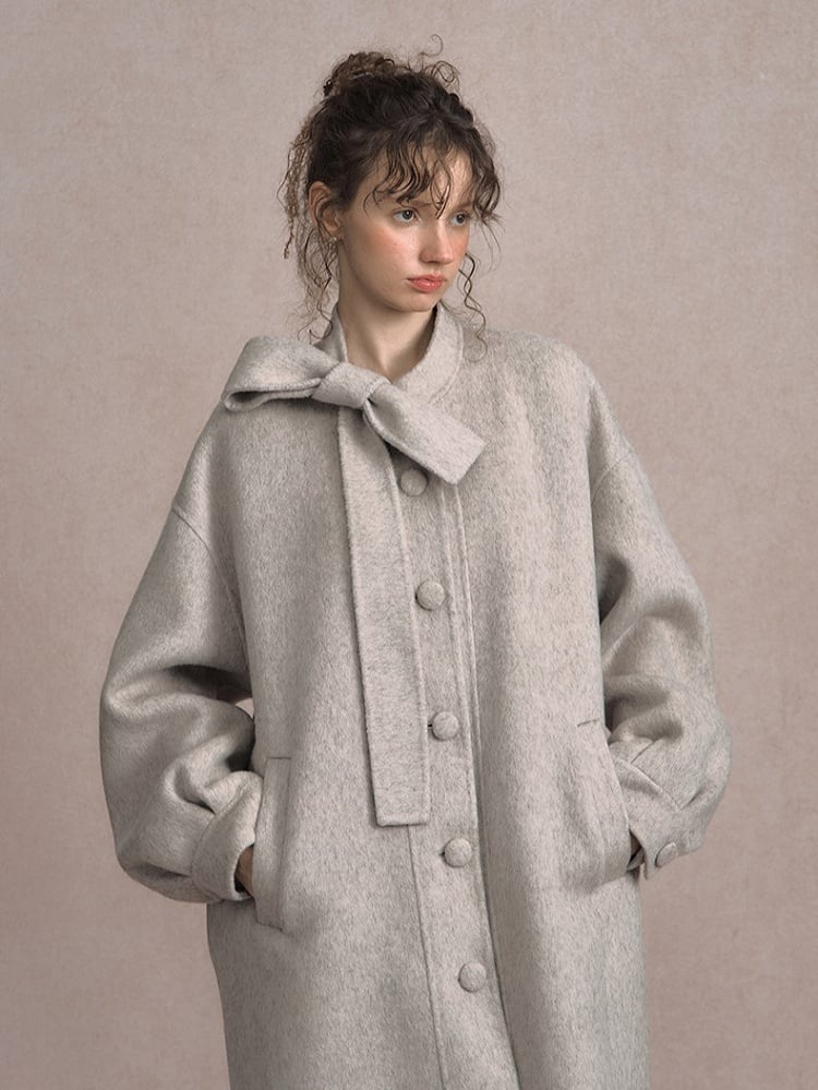 Gray Beige/Dark Vintage-Inspired Long Wool Coat with Front Button Placket and Bow Tie Collar