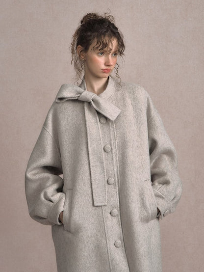 Gray Beige/Dark Vintage-Inspired Long Wool Coat with Front Button Placket and Bow Tie Collar