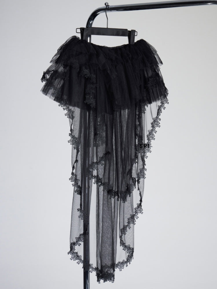 Lace with Tiered Mesh Skirt Train Trim Black Mini