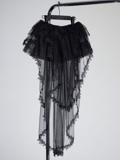 Lace with Tiered Mesh Skirt Train Trim Black Mini
