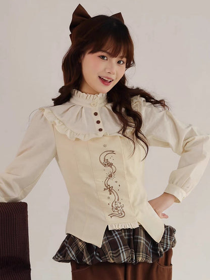 Beige with Lolita Ruffle Sweet Embroidery Bear Blouse Neckline