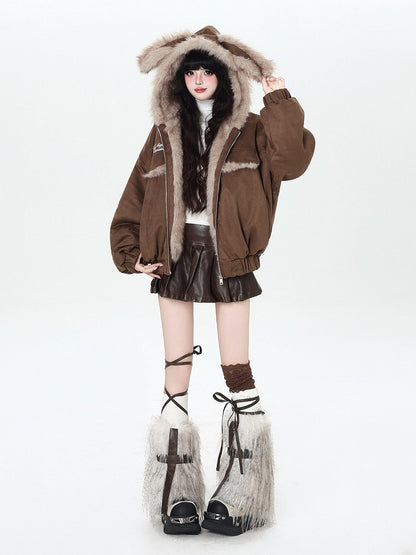 Padded Elastic Hem Hooded Ear with Brown Jacket Rabbit Cuffs