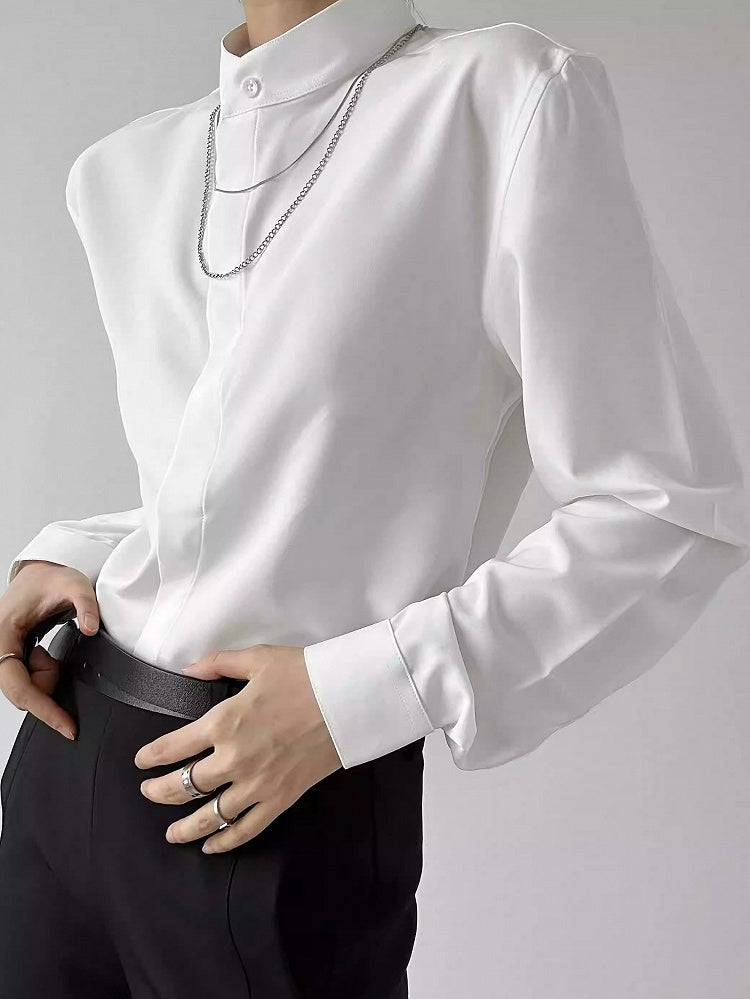 Ouji Lolita White Unisex Long Sleeve Shirt with Mandarin Collar & Button-Down Front