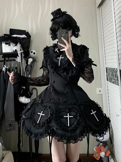 Details Cross and Lace Decoration Lolita Dress Black Gothic with Beaded