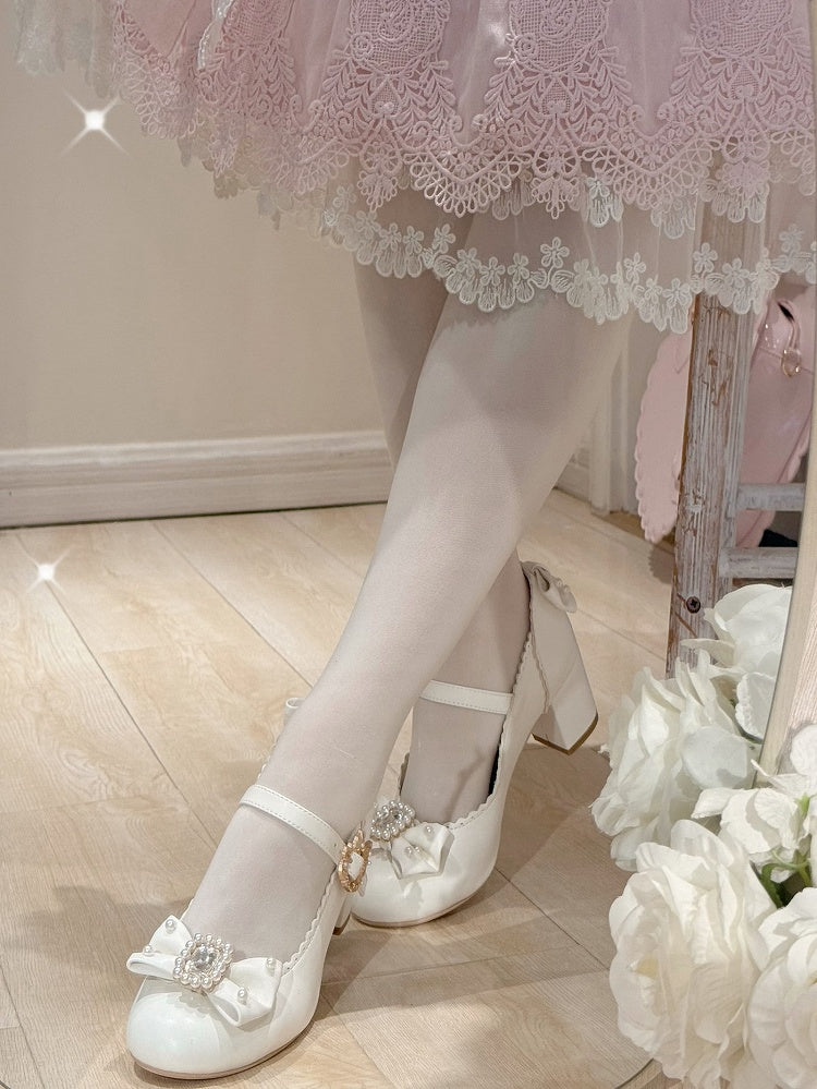 ラウンドロリータラインストーンメリートゥ装飾ディテールホワイト＆ビーズボウノットジェーンズシューズ