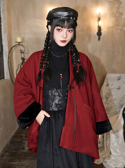 Embellished - Year Red Coat Cuffs Placket Button Plush Sleeve New Tassel Cape