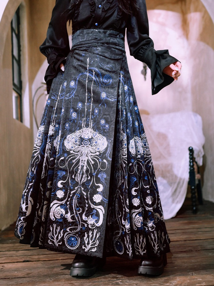 Luxury Silver Thread Brocade Mamian Skirt Featuring Blue Tears Jellyfish Marine Motif - Quirky Hut