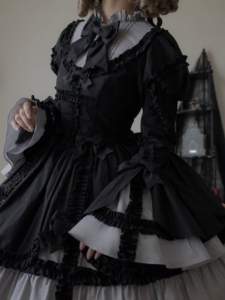 Lolita Gray Sleeves with Bell Black Dress Ruffled Gothic