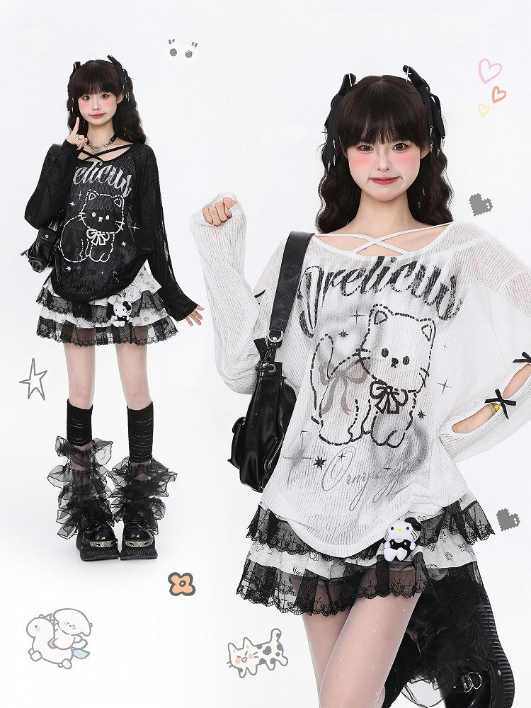 Black/White Semi-Sheer Knit Top with Cutout Sleeves and Cute Cat Print