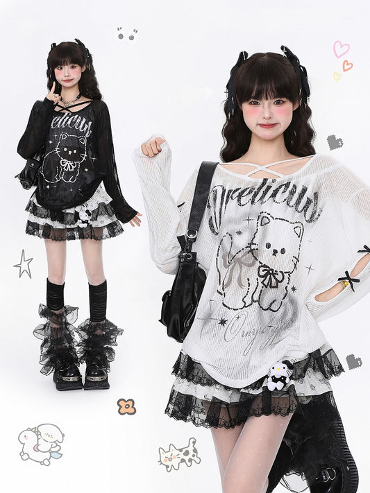 Black/White Semi-Sheer Knit Top with Cutout Sleeves and Cute Cat Print