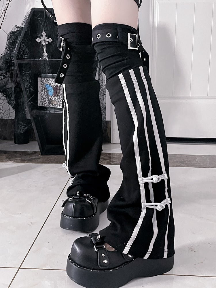 Black StrapsSide Buckle Style Stripes+Knot Cheongsam Leg Warmerswith Gothic Details White