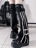 Black StrapsSide Buckle Style Stripes+Knot Cheongsam Leg Warmerswith Gothic Details White