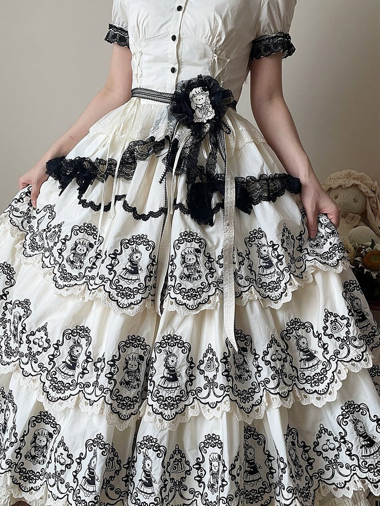 Lolita with Edge Scalloped Layered Elegant Trim Black Rabbit Pattern White Skirt