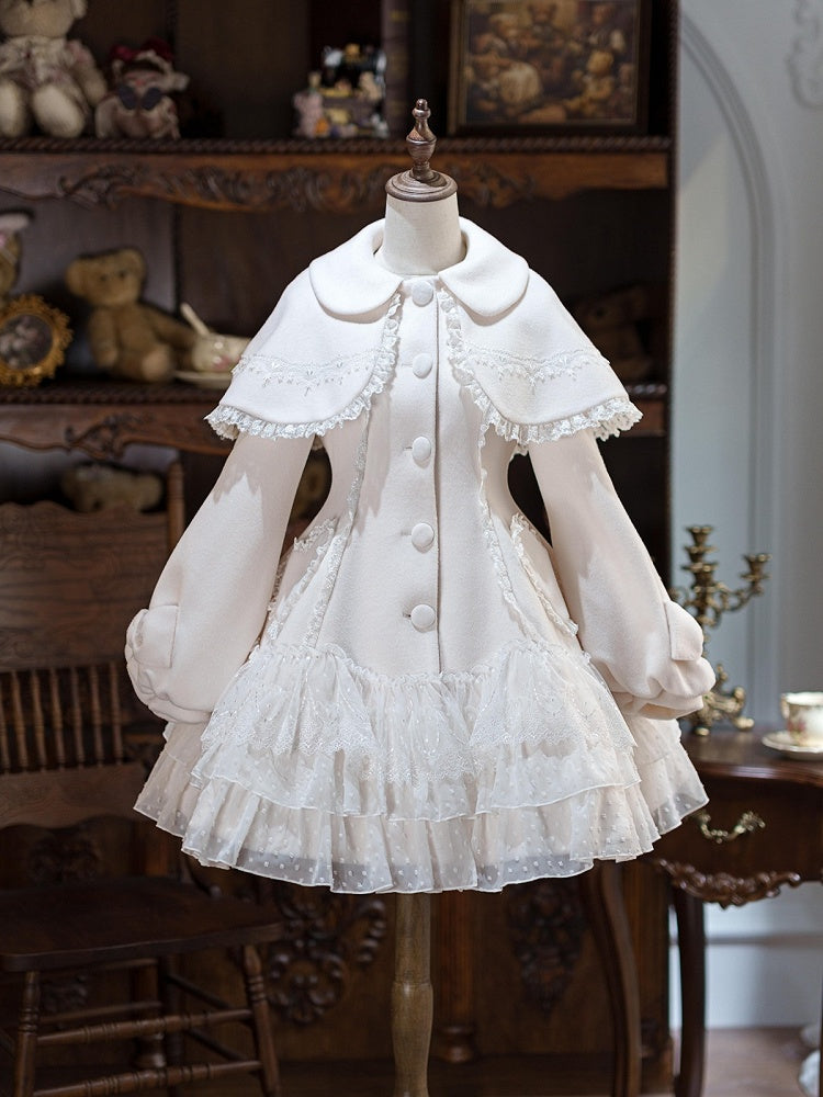 Snow White Heart Lace Applique Sweet Lolita Winter Overcoat - Dream Magic Box