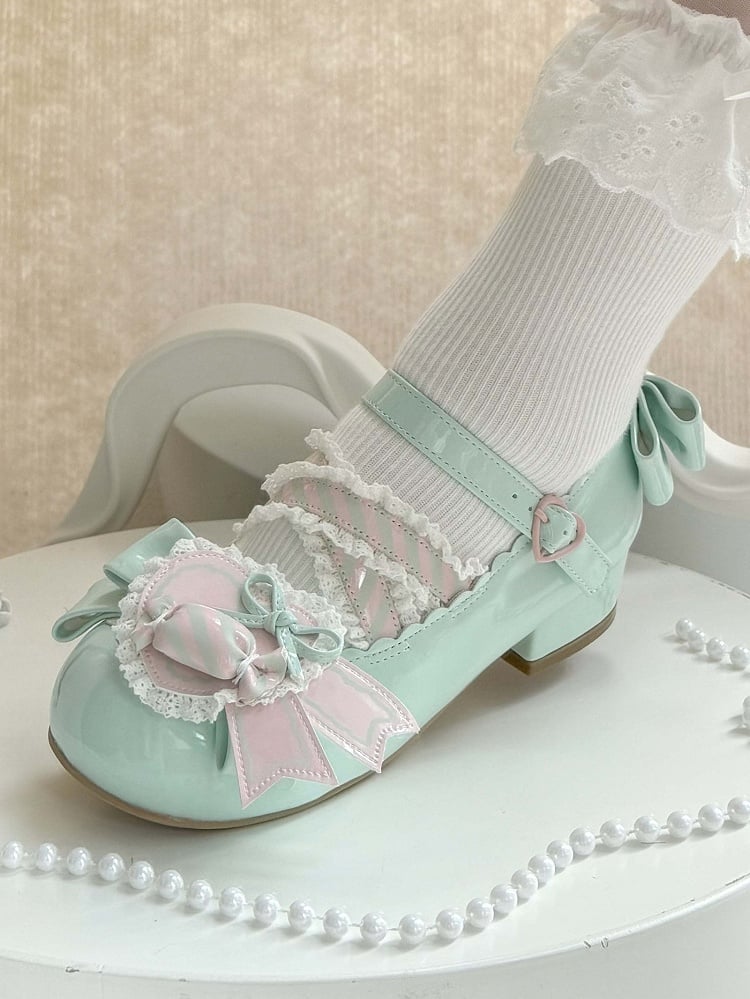 Green Leather Candy Clip PU Shoes Sweet Mint Low-heel Pink Heart with