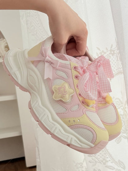 in Platform Pink Lolita Design Bow Plaid Lace-up Star Sweet Details Sneakers Yellow And