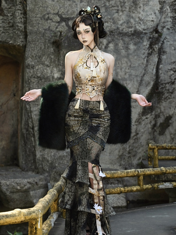 グリーンタイフラワーバードケージヘムラインマーメイドスカート