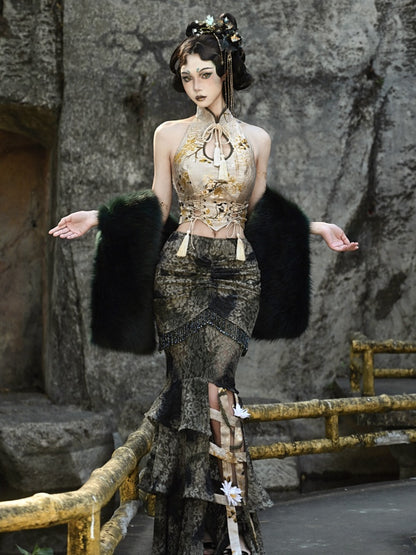 グリーンタイフラワーバードケージヘムラインマーメイドスカート