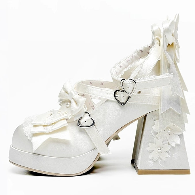 Block High with Sakura Details Bowknot White Platform Themed Satin Lolita - Heels
