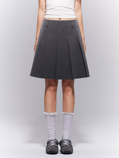 Mini Preppy Pleated Loops Gray Skirt A-Line Low-Waisted Belt with