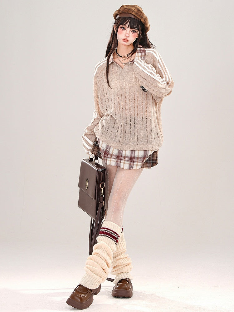 Coffee/White Polo Collar Hollowed-out Semi-sheer Loose Knit Top