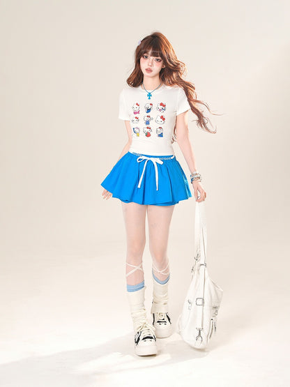 Drawstring Waist A-line Mini Skirt Red/Blue