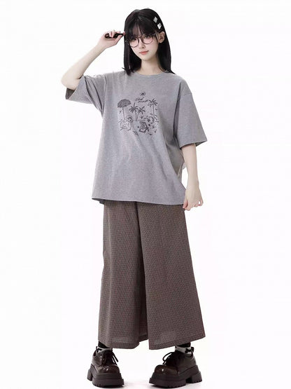 ルーズグラフィティTシャツ パピー ラウンドネック グレー/ピンク/ライトパープル