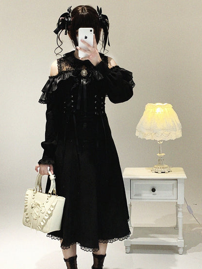 Black Version Jirai Lace Kei Dress Bow Long-Sleeve Long Rhinestone Shoulder Decor Cutout