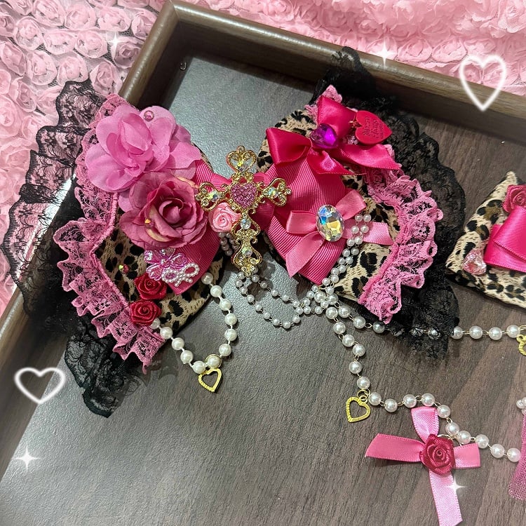 Gyaru Hime Headpiece Rose Leopard Pink with Fashion Print -