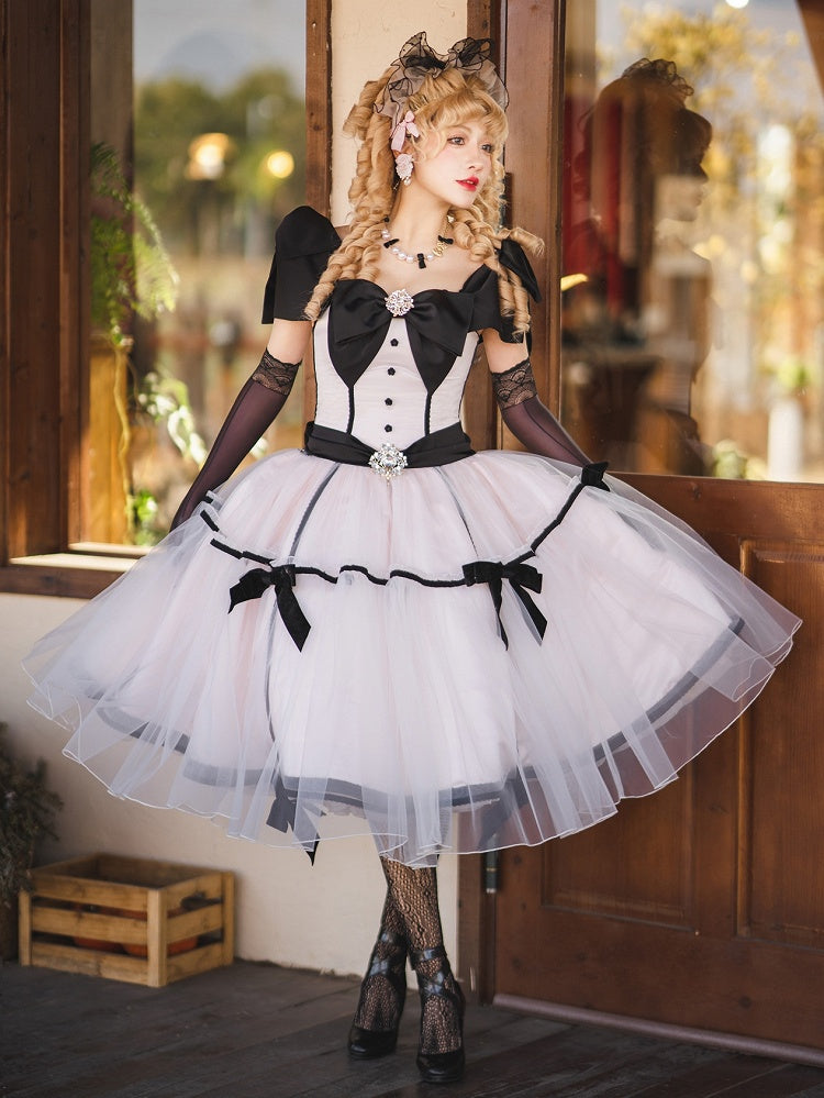 Big Bow Off-the-shoulder Neckline Pink Elegant Tea Party Lolita Tulle Dress