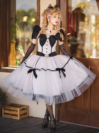 Big Bow Off-the-shoulder Neckline Pink Elegant Tea Party Lolita Tulle Dress