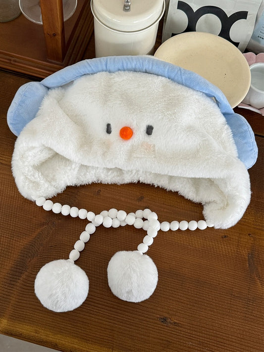 White Cute Snowman Plush Hat With Pompons