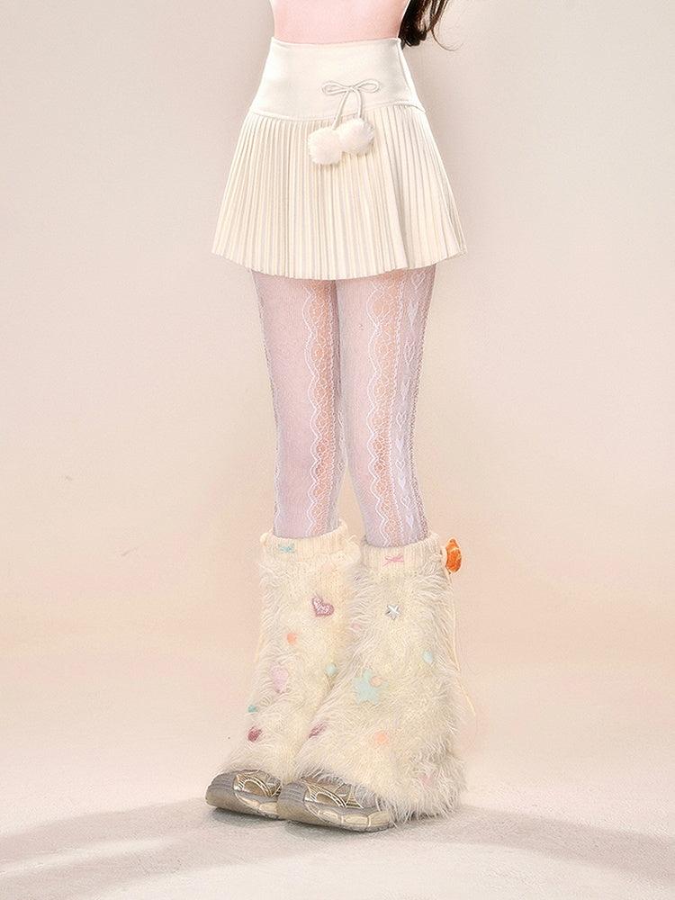 Pompoms Decorated Skirt Bowknot with Black/Gray/White Pleated Detachable