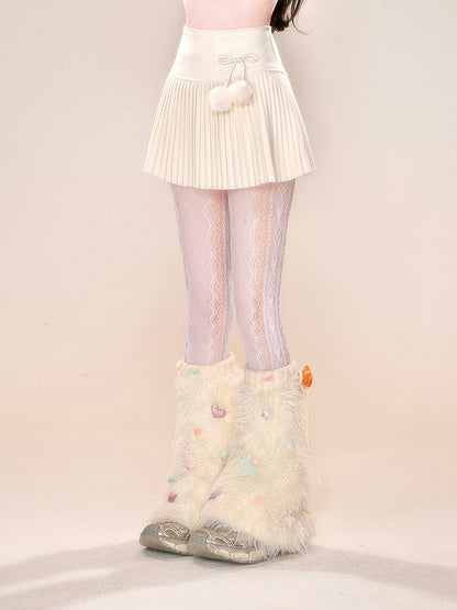 Pompoms Decorated Skirt Bowknot with Black/Gray/White Pleated Detachable