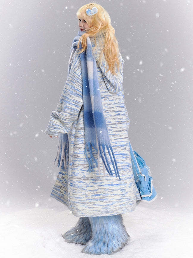 Blue and White Tie Dye Stripes Long Hooded Cardigan