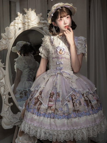 Cute Bear & Flower Pattern Sweet Purple Lolita JSK Gown - Stars Fall on the Foggy Island