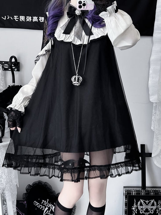 ジライケイ ブラック レースパッチ ショルダー メッシュオーバーレイ ロングスリーブ ドレス