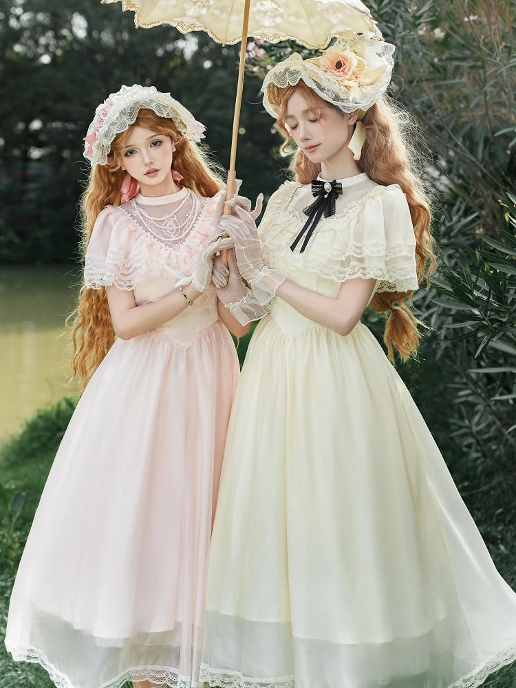 Kleid Beige Elegant One Edward Illusion Lolita Stück Quadratischer Ausschnitt Taillenausschnitt Basken