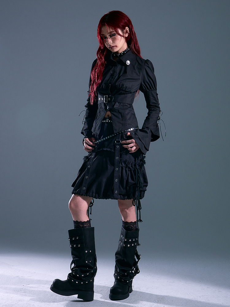 Distressed Side - Design Black Skirt Punk Pockets Drawstring