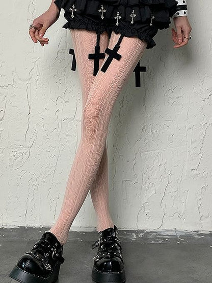 パンクライトウェイストランドタイツ 中空デザイン ピンクストライプ Y2K