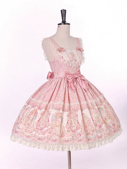 Sweet Pink Doll-Themed Lolita JSK with Bow Accents and Toy Bed Print - Alice Girl