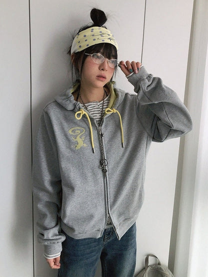Retro Fall Gray Hooded Zip Jacket with Gecko Motif and Striped Accents - innomoood