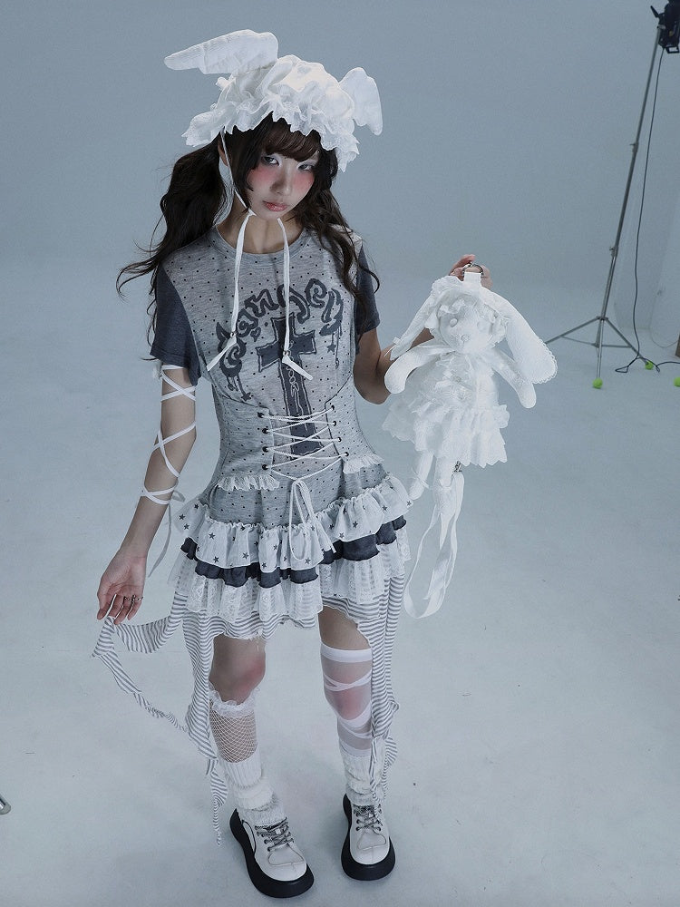 Punk Cross with Layered T-Shirt Print Ruffle Gray Dot Skirt Dress Polka