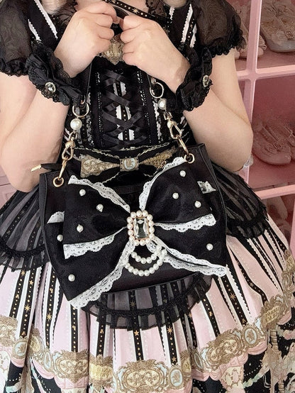 Accent Lolita Decor Shoulder Black Bag in Satin Bow Sweet Rhinestone Beads