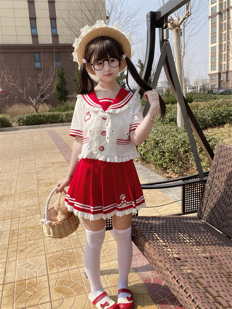 Matrosenkragen, Hasenohren-Design, JK-T-Shirt mit Rüschen, rosa/rot, Uniform