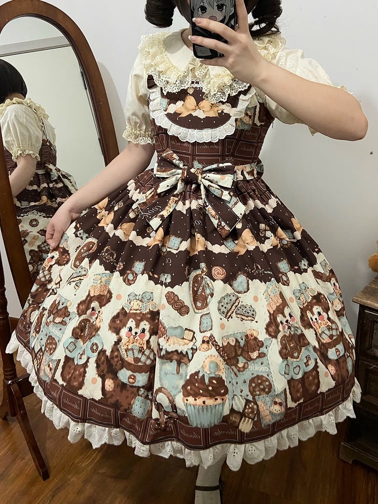 Brown Puppy Print Waist Lolita Fluffy and Cute Cookies High Jumper Sweet Skirt