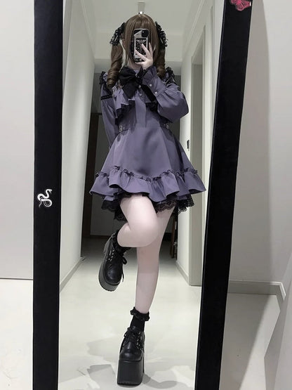Long-Sleeve Lace Dress Kei Purple Matching + Bow Tie Ruffled Jirai Shorts Set