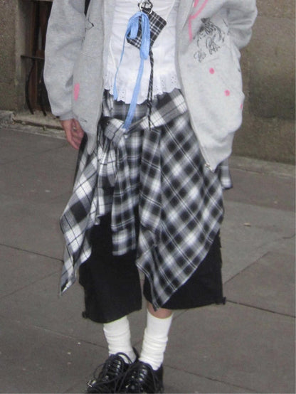 Plaid A-Line Handkerchief Skirt Black White with Hem